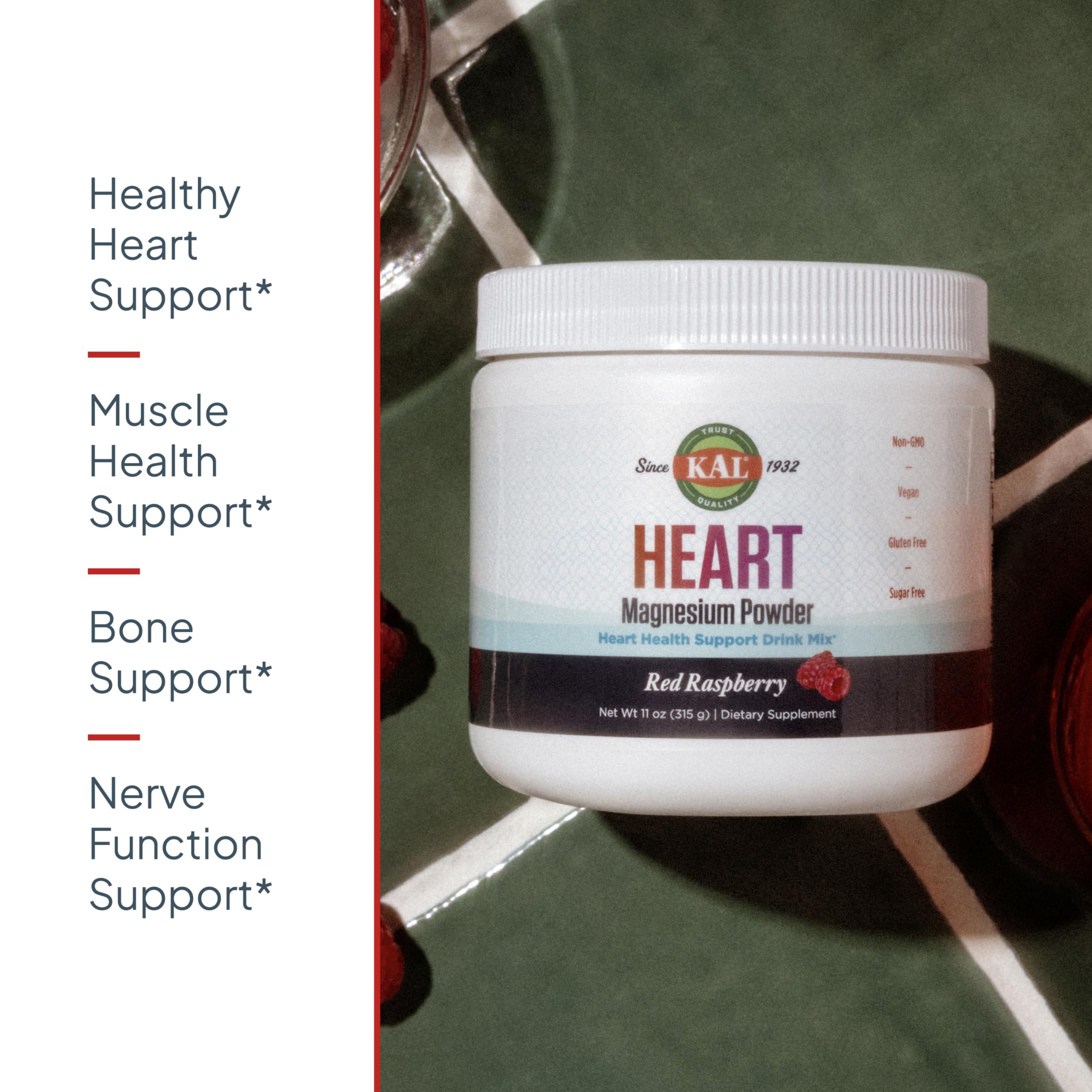 KAL Heart Raspberry flavor scoop ready to mix with water.