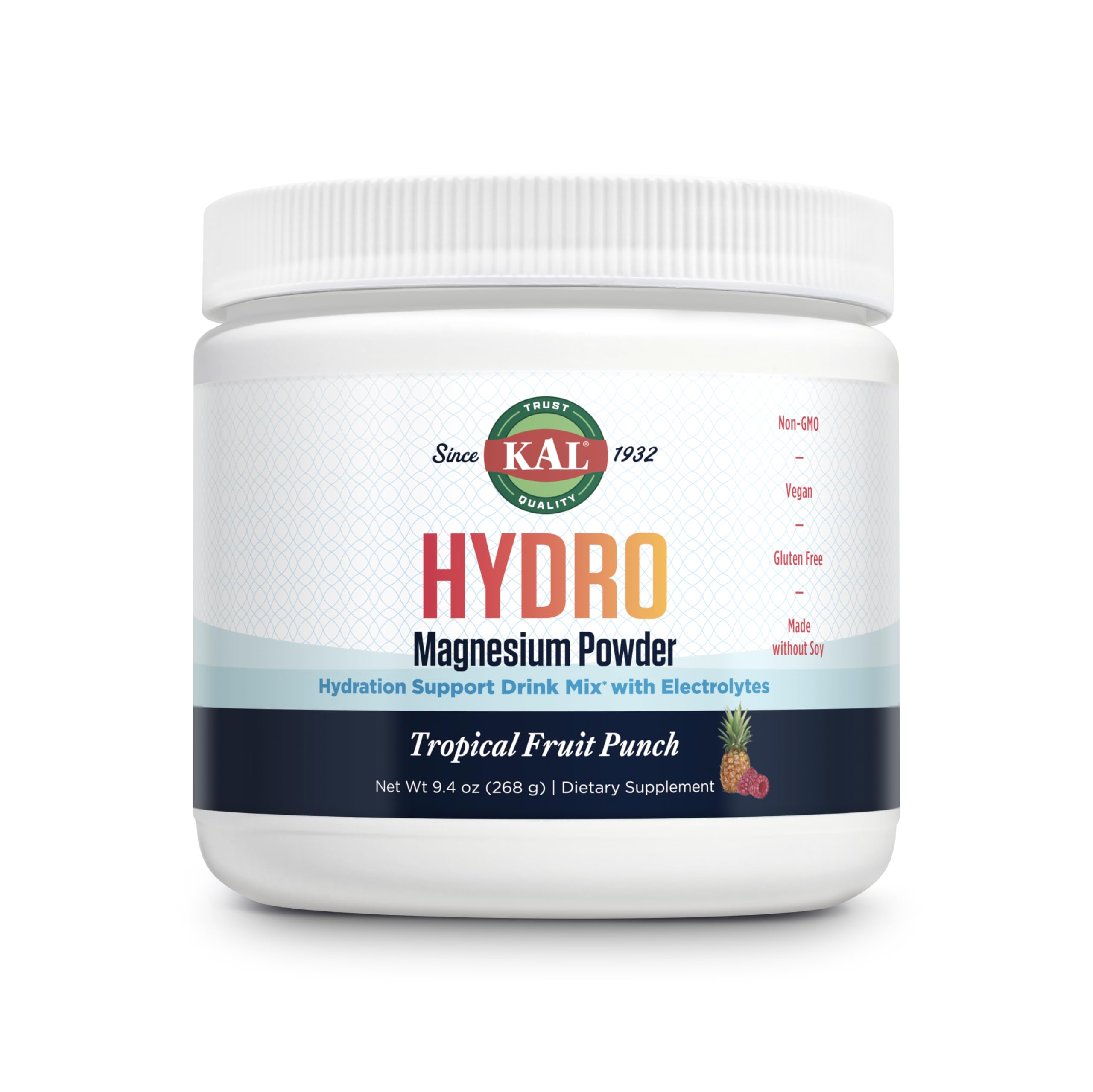 KAL Hydro Magnesium Plus Electrolytes powder tropical punch tub for sugar-free hydration.