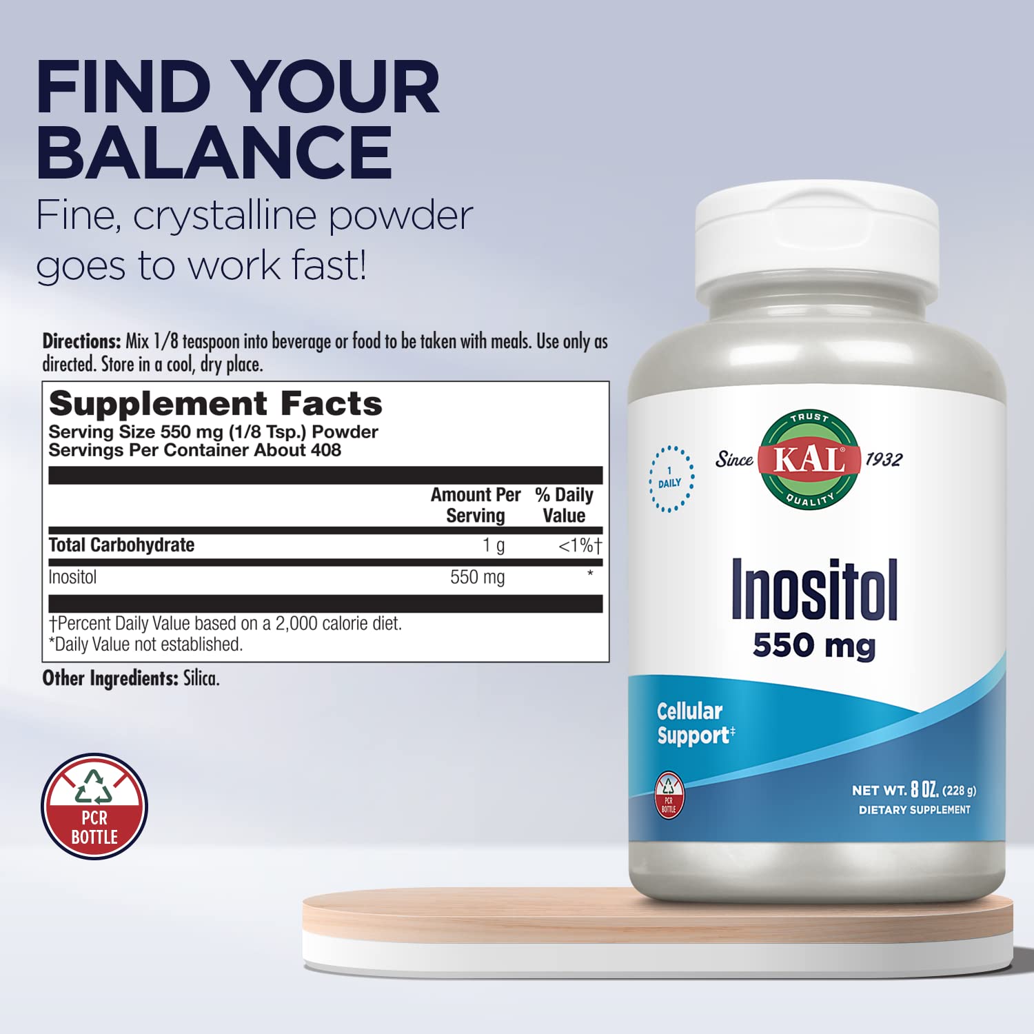KAL Inositol Powder scoop emphasizes precise measurement for mixing