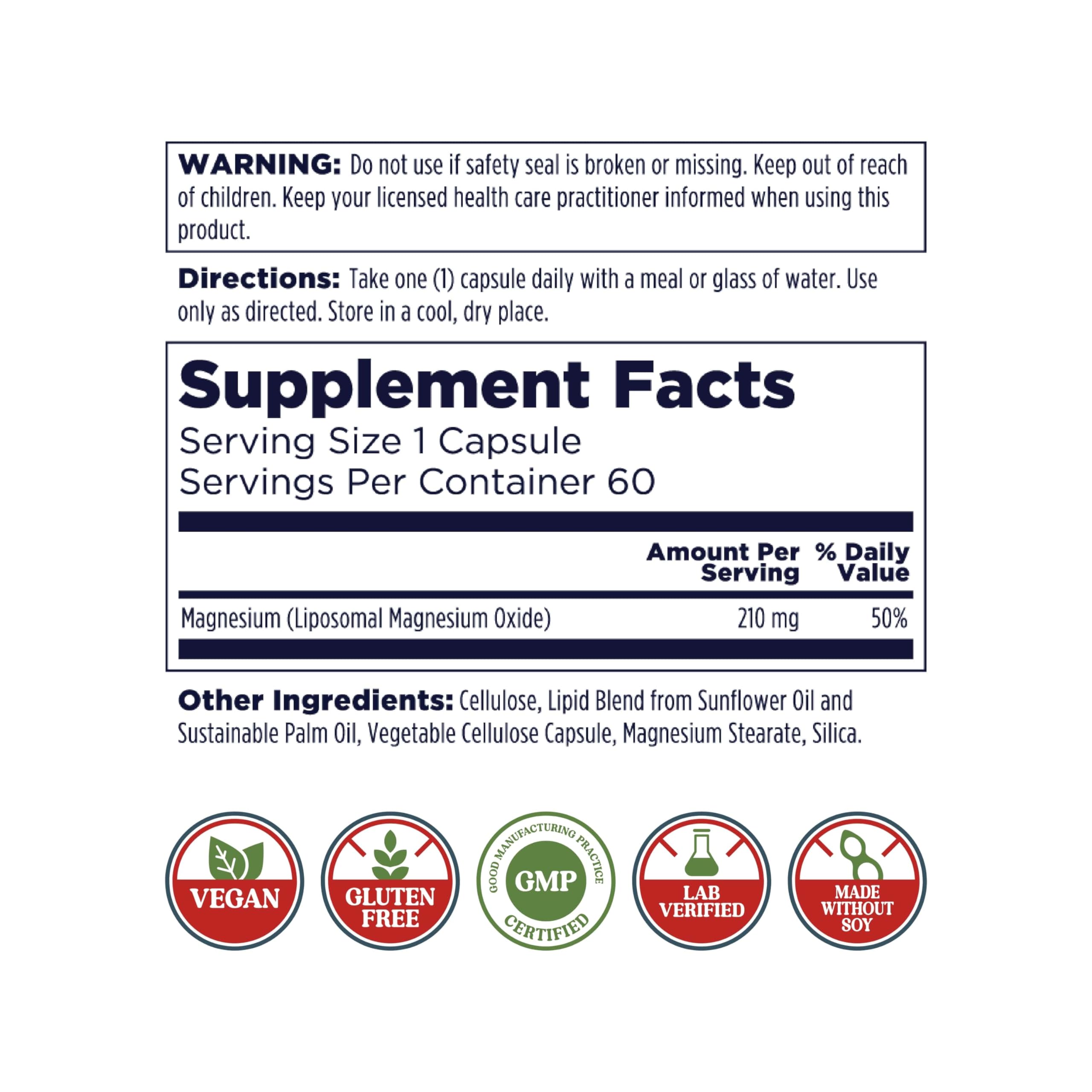 KAL Liposomal Magnesium Oxide bottle label highlights vegan, gluten-free formula
