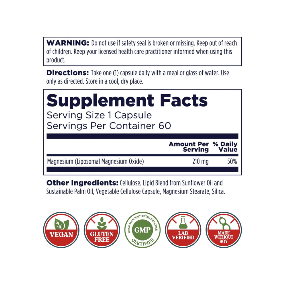 KAL Liposomal Magnesium Oxide bottle label highlights vegan, gluten-free formula