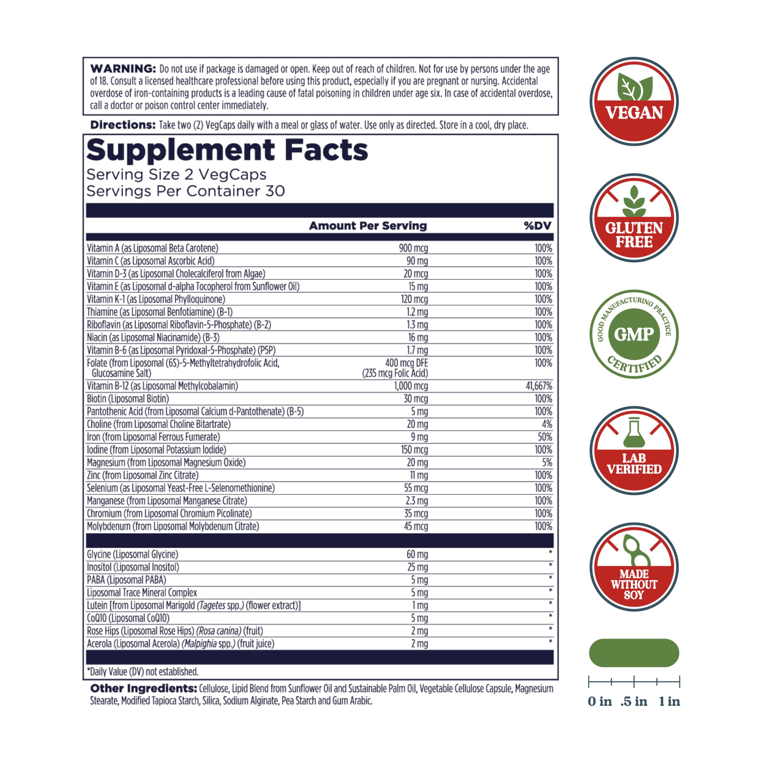 KAL Liposomal Multivitamin bottle-label close-up shows vitamin C and D-3.