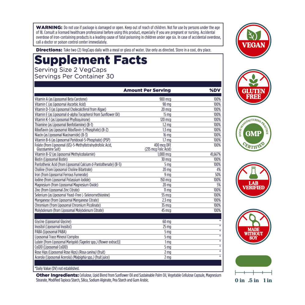 KAL Liposomal Multivitamin bottle-label close-up shows vitamin C and D-3.