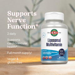 KAL Liposomal Multivitamin bottle with cap detail signals clean formula.