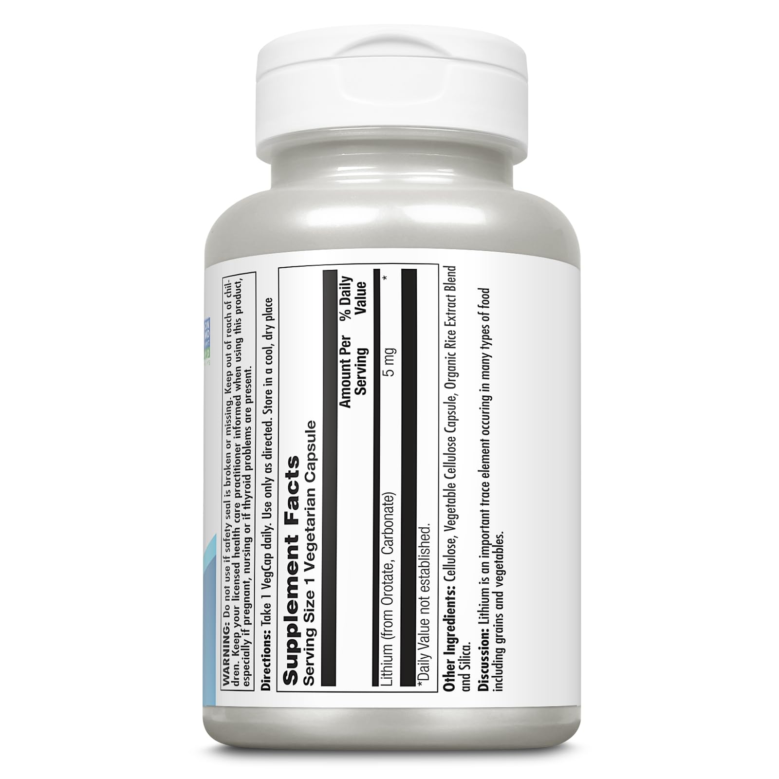 KAL Lithium Orotate 5mg bottle label showing vegan formulation and dosing