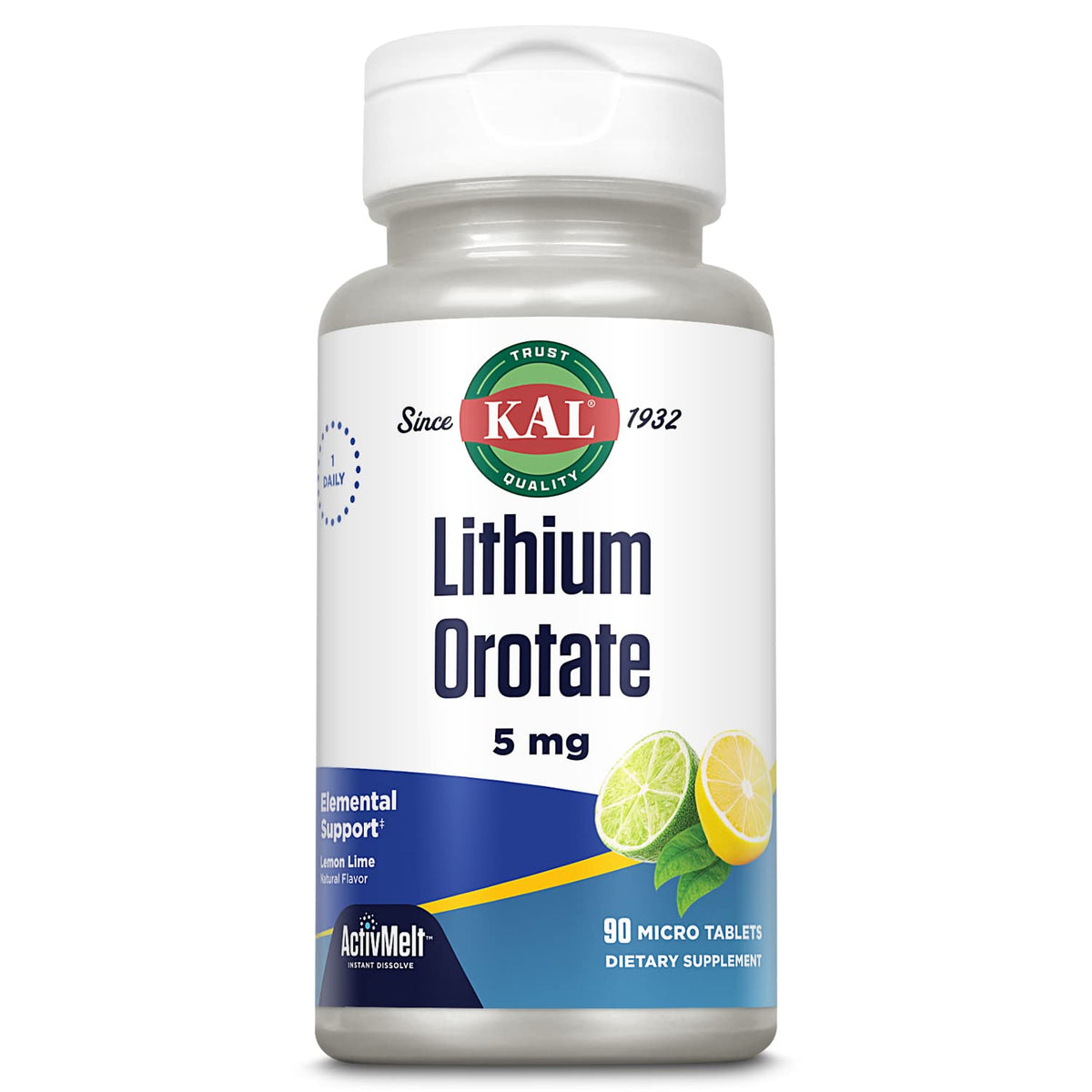 KAL Lithium Orotate ActivMelt tablets with lemon-lime flavor dissolve quickly for daily mood support.