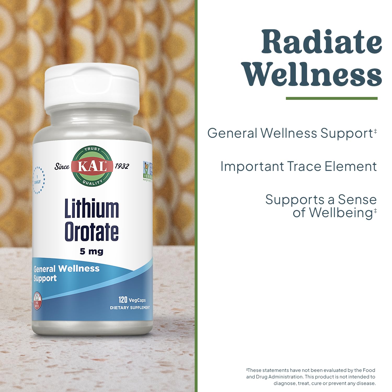 Detail of the KAL lithium orotate label showing organic rice bran base.