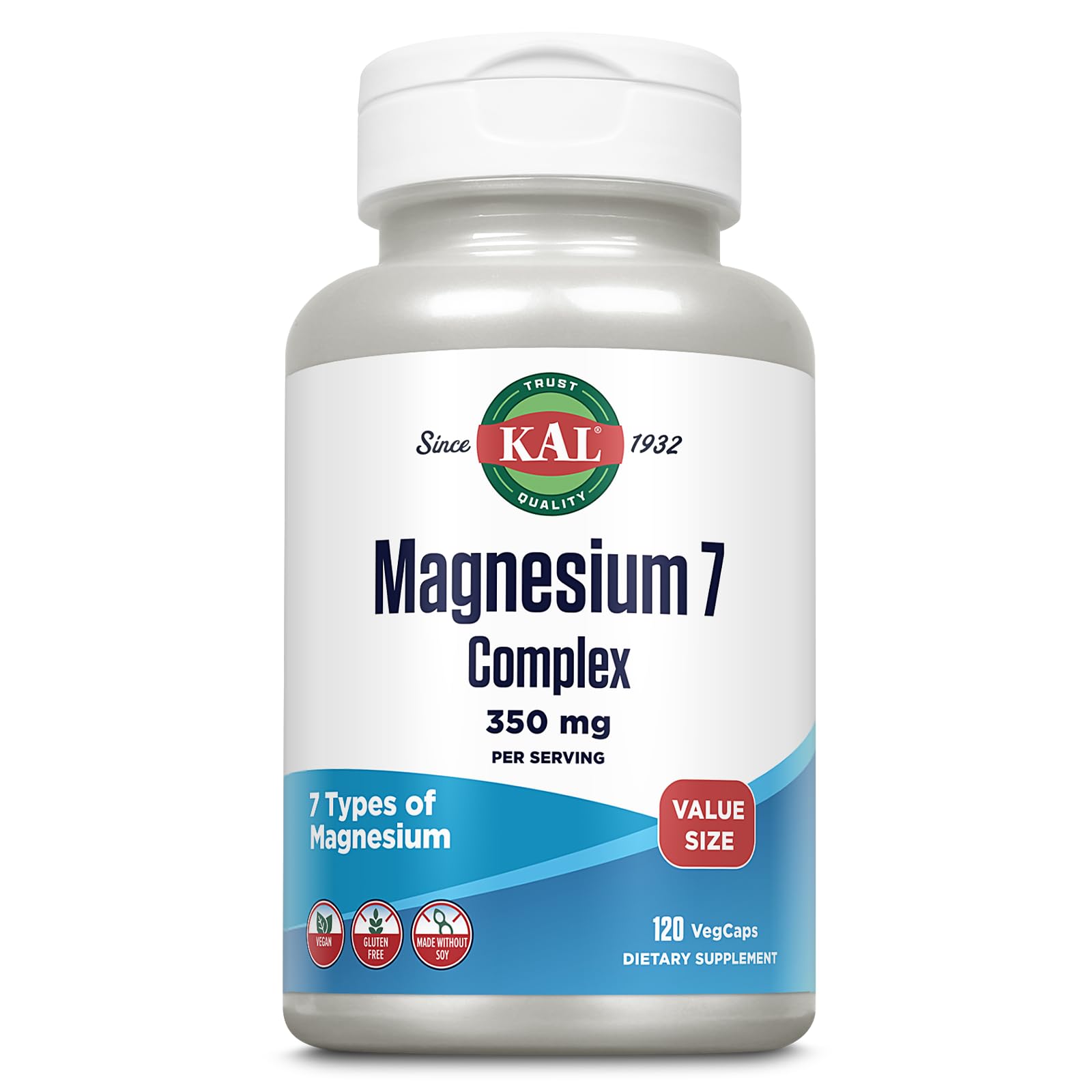 KAL Magnesium Complex 7 bottle front shows vegan, multi-form magnesium blend for relaxation