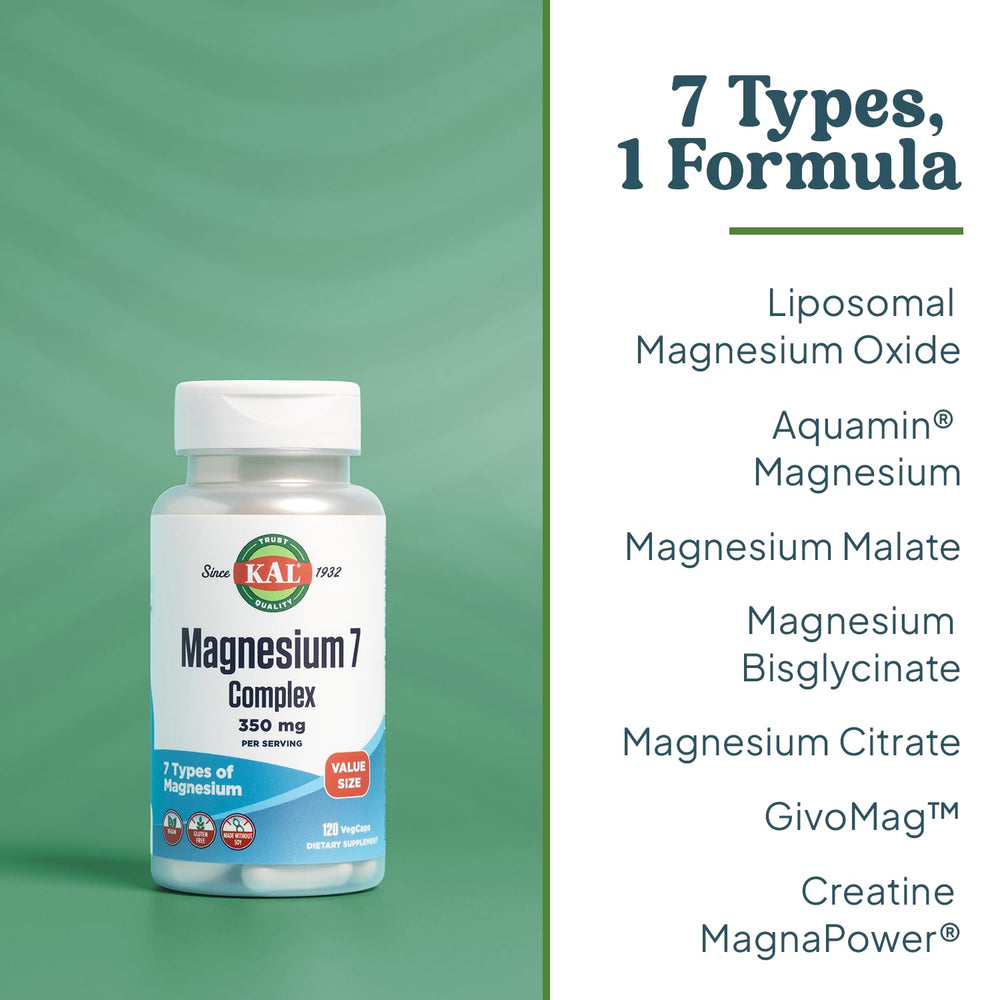 KAL Magnesium Complex 7 ingredients label highlights seven magnesium forms