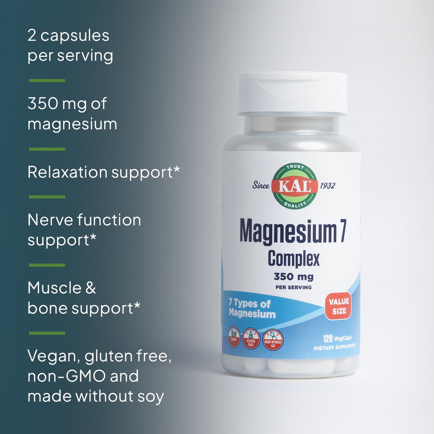 KAL Magnesium Complex 7 serving image with two capsules for daily calm