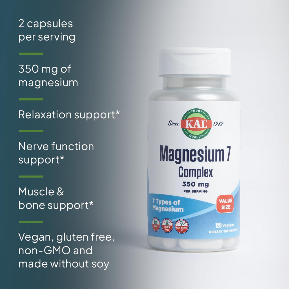 KAL Magnesium Complex 7 serving image with two capsules for daily calm