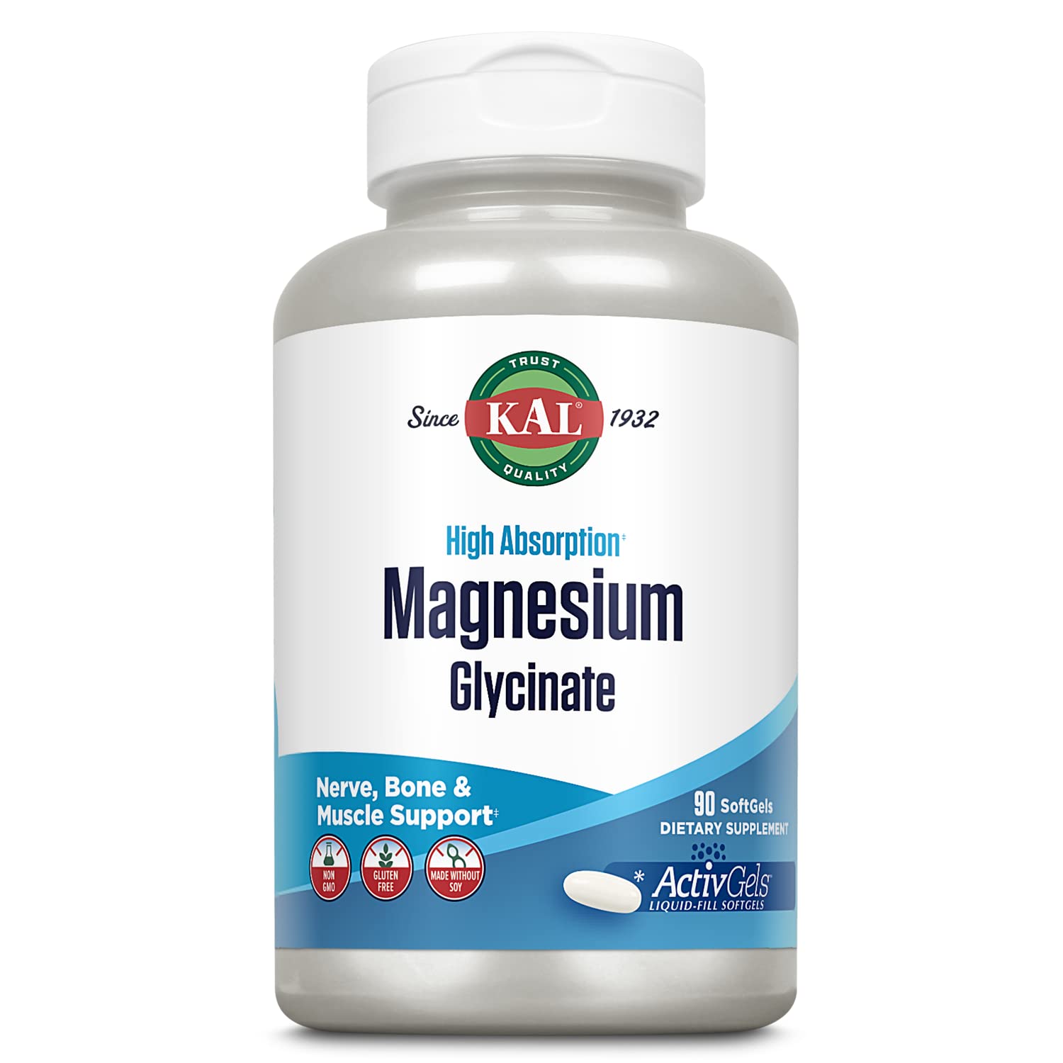 Kal Magnesium Glycinate ActivGels bottle highlights high-absorption magnesium.