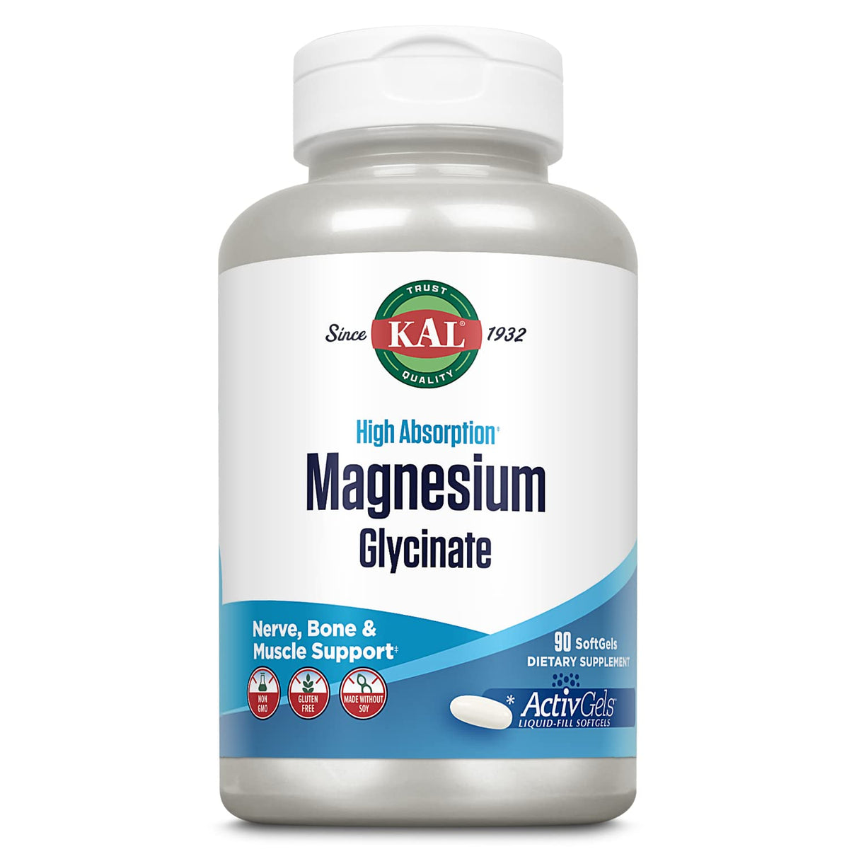 Kal Magnesium Glycinate ActivGels bottle highlights high-absorption magnesium.