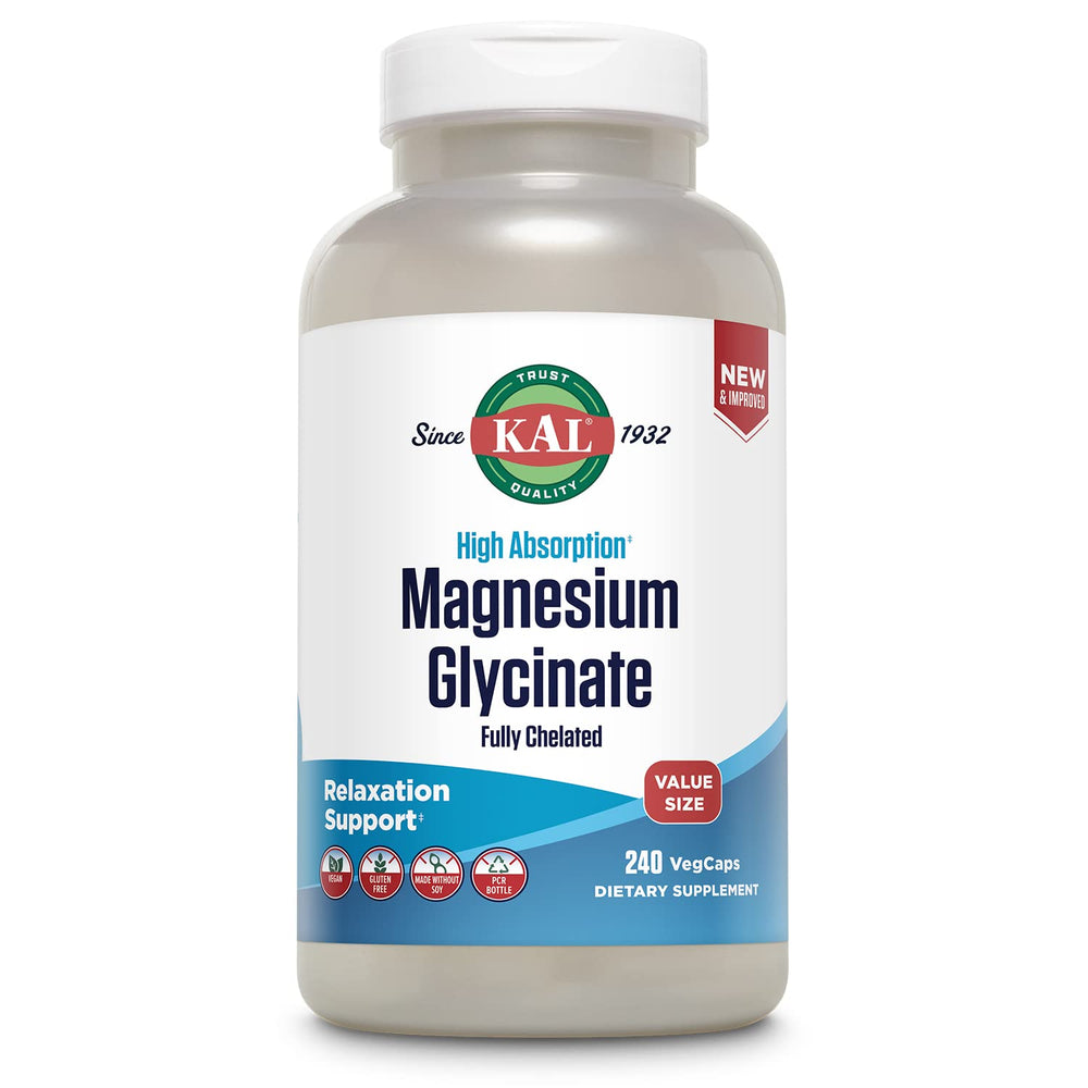 Kal Magnesium Glycinate bottle label highlighting premium chelated formula