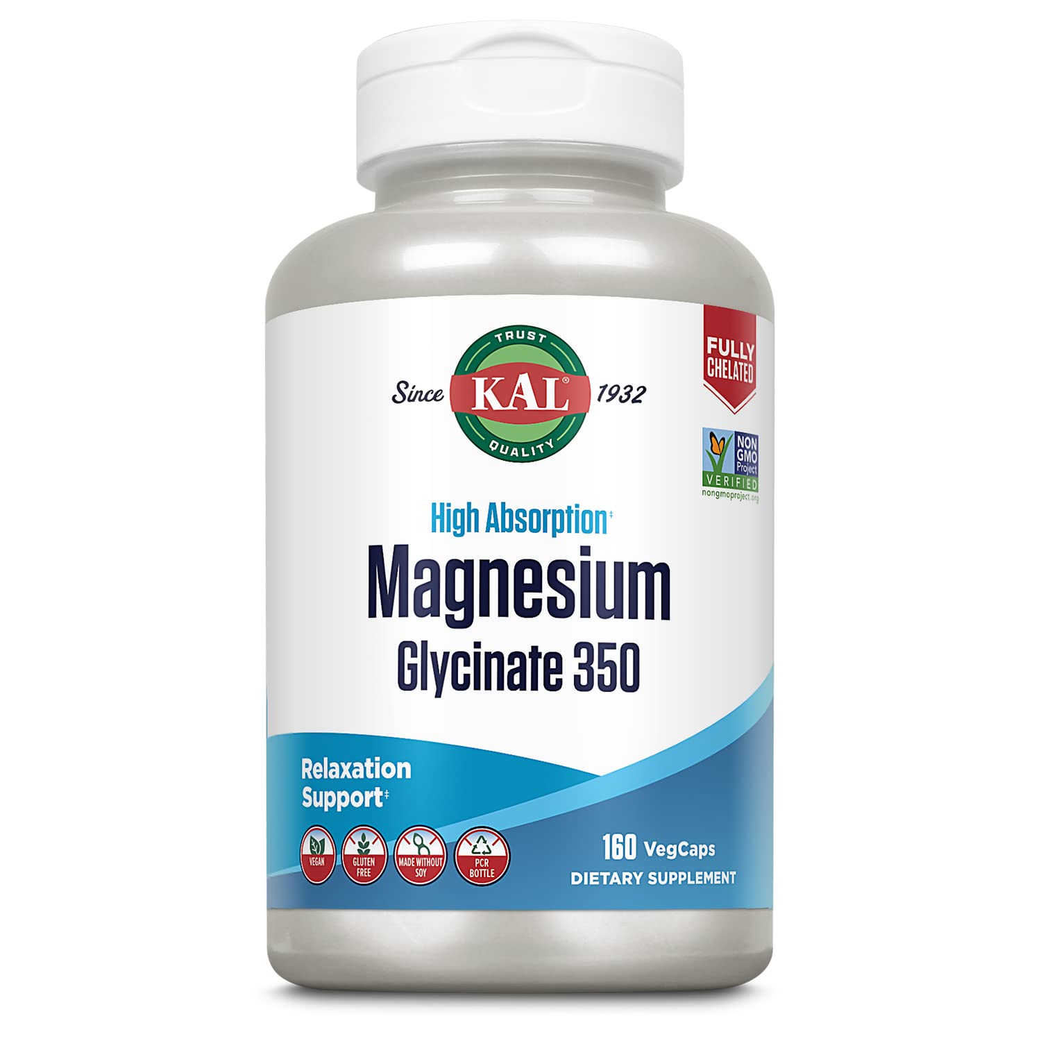KAL Magnesium Glycinate capsules bottle shows high-absorption magnesium for daily wellness.