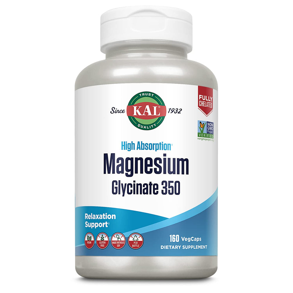 KAL Magnesium Glycinate capsules bottle shows high-absorption magnesium for daily wellness.