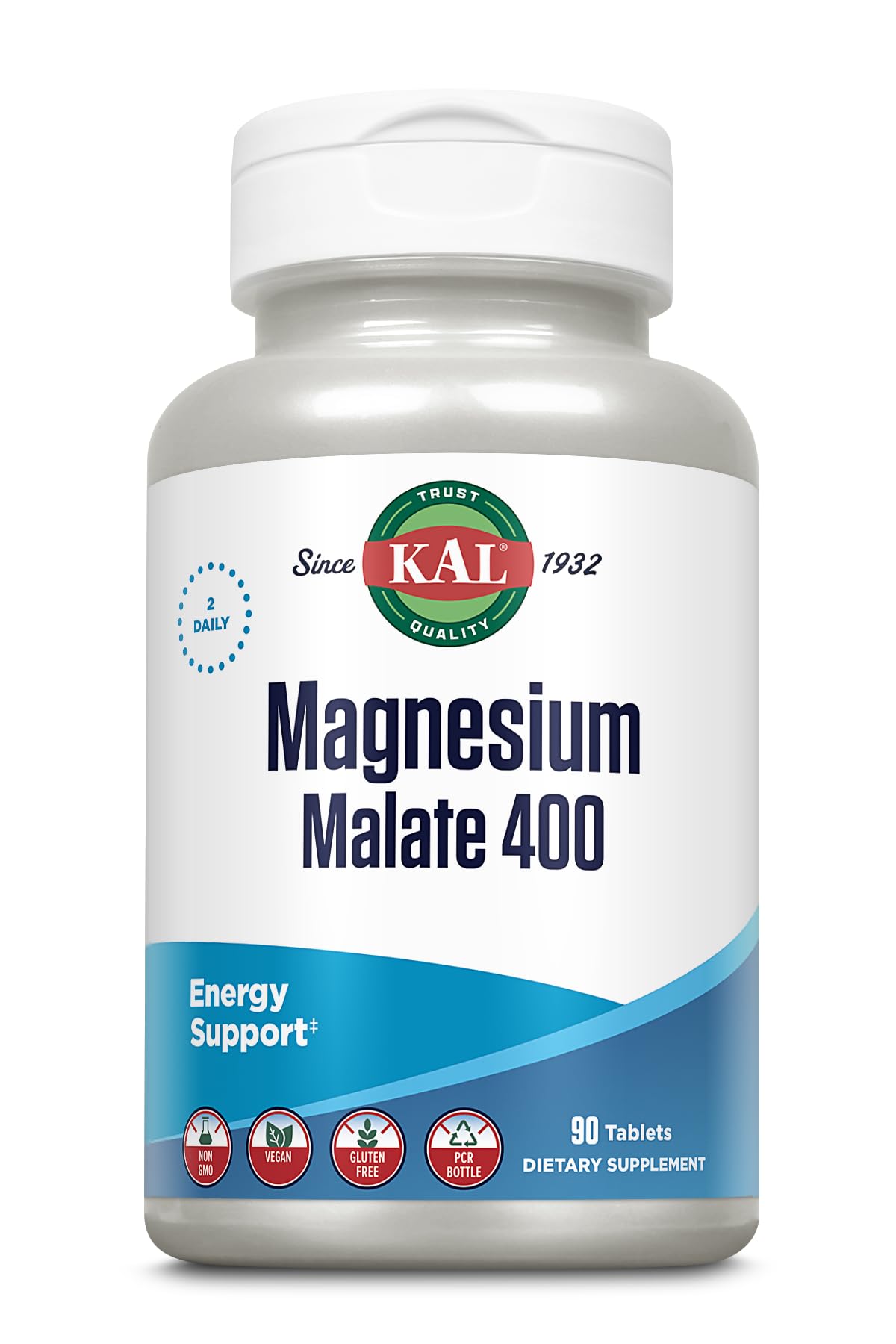 KAL Magnesium Malate bottle front view showing 400 mg per serving for energy support.