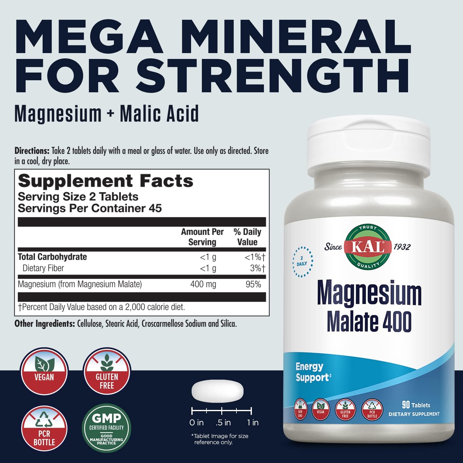 KAL Magnesium Malate tablets close-up emphasizing chelated magnesium for absorption.