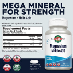 KAL Magnesium Malate tablets close-up emphasizing chelated magnesium for absorption.