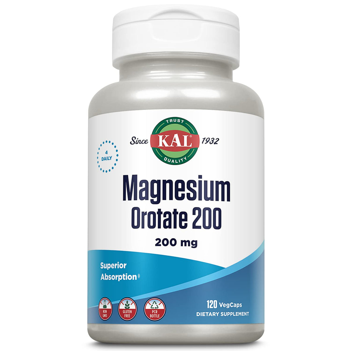 KAL Magnesium Orotate 200 mg bottle front with clear label and dosage idea