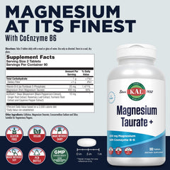 KAL Magnesium Taurate 400mg tablets closeup, chelated magnesium with taurine for better bioavailability.