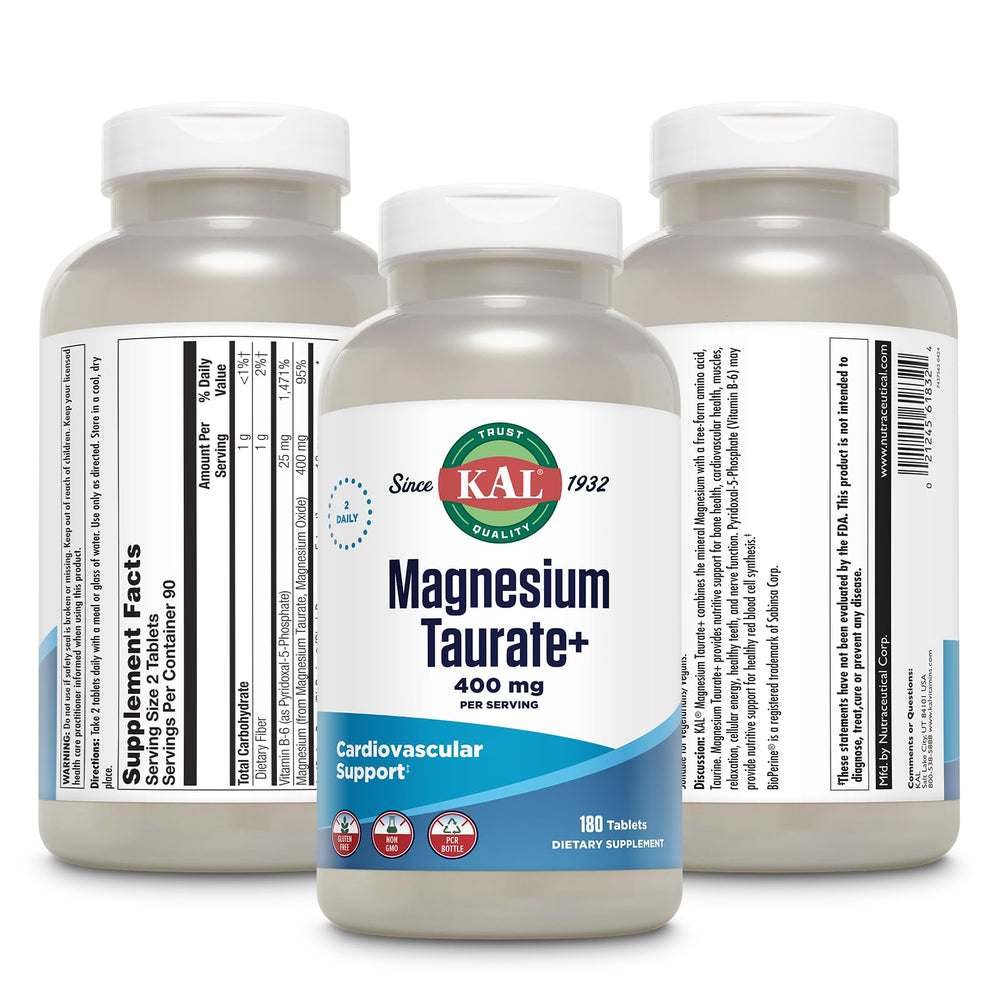 KAL Magnesium Taurate Plus B6 capsules, featuring coenzyme Vitamin B6 for nervous system support.