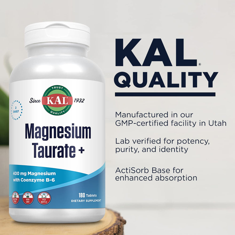KAL Magnesium Taurate Plus vegan gluten-free label on packaging.