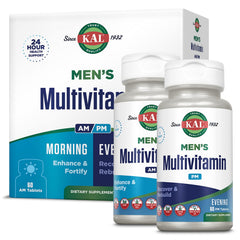 KAL Men's Multivitamin AM-PM bottle front showing dual formulas for morning and evening support.