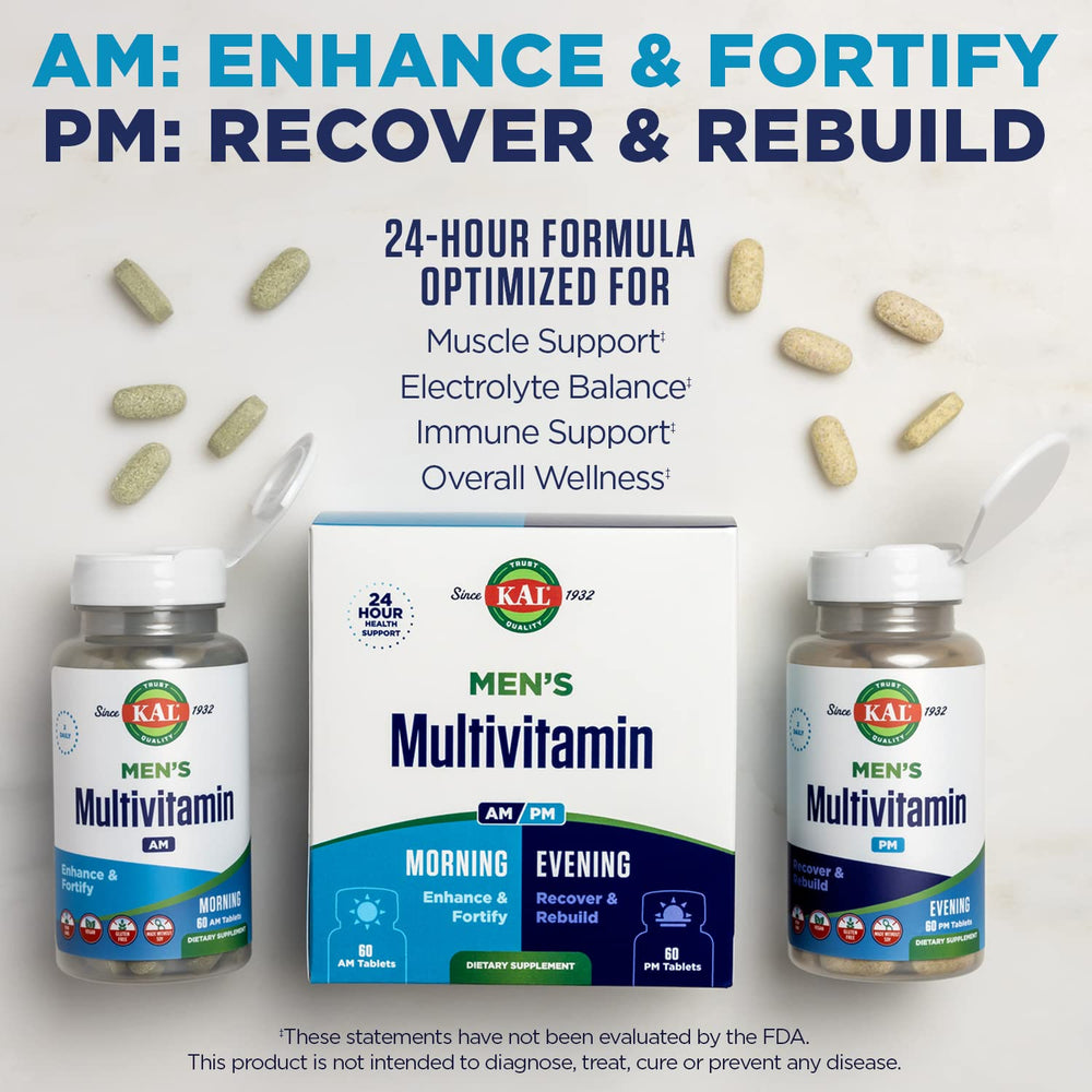 KAL Men's Multivitamin label information details timing and ingredients for daily balance.