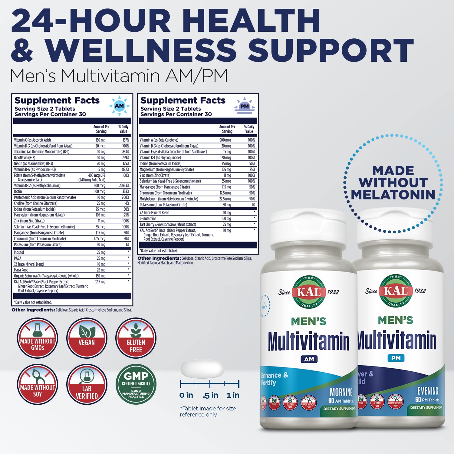 KAL Men's Multivitamin tablets close-up for daily use and dosing.