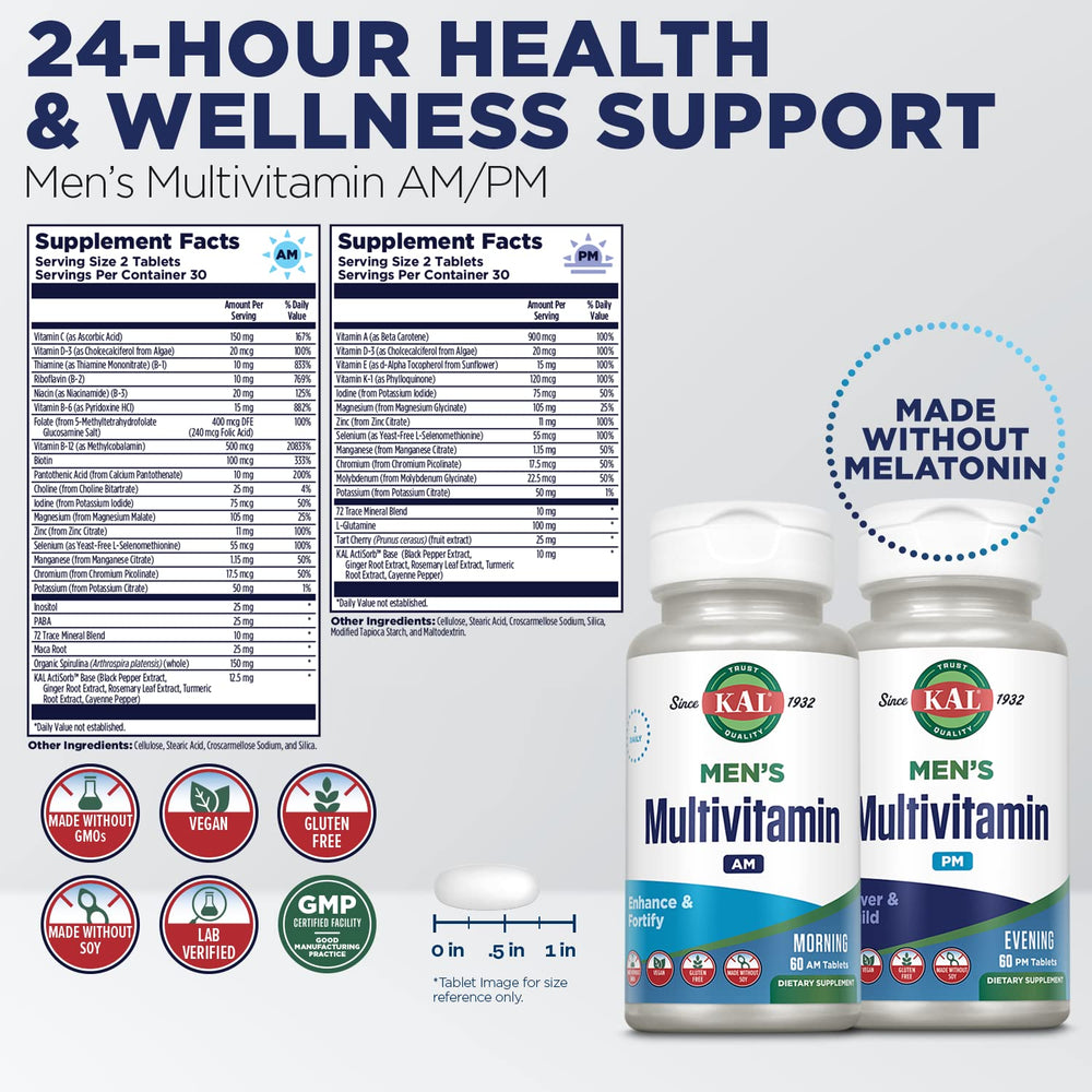KAL Men's Multivitamin tablets close-up for daily use and dosing.