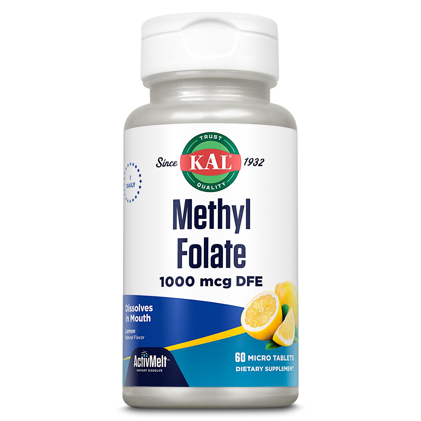 KAL Methyl Folate 1000 mcg tablets in bottle for daily wellness.