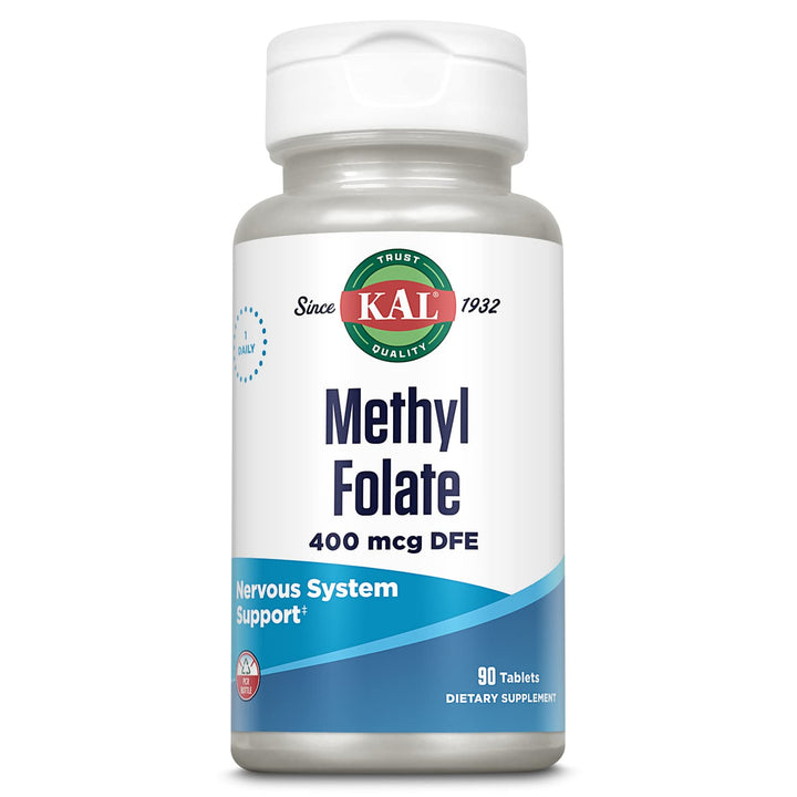 KAL Methyl Folate ActivTab tablets inside bottle for fast-dissolving daily support.
