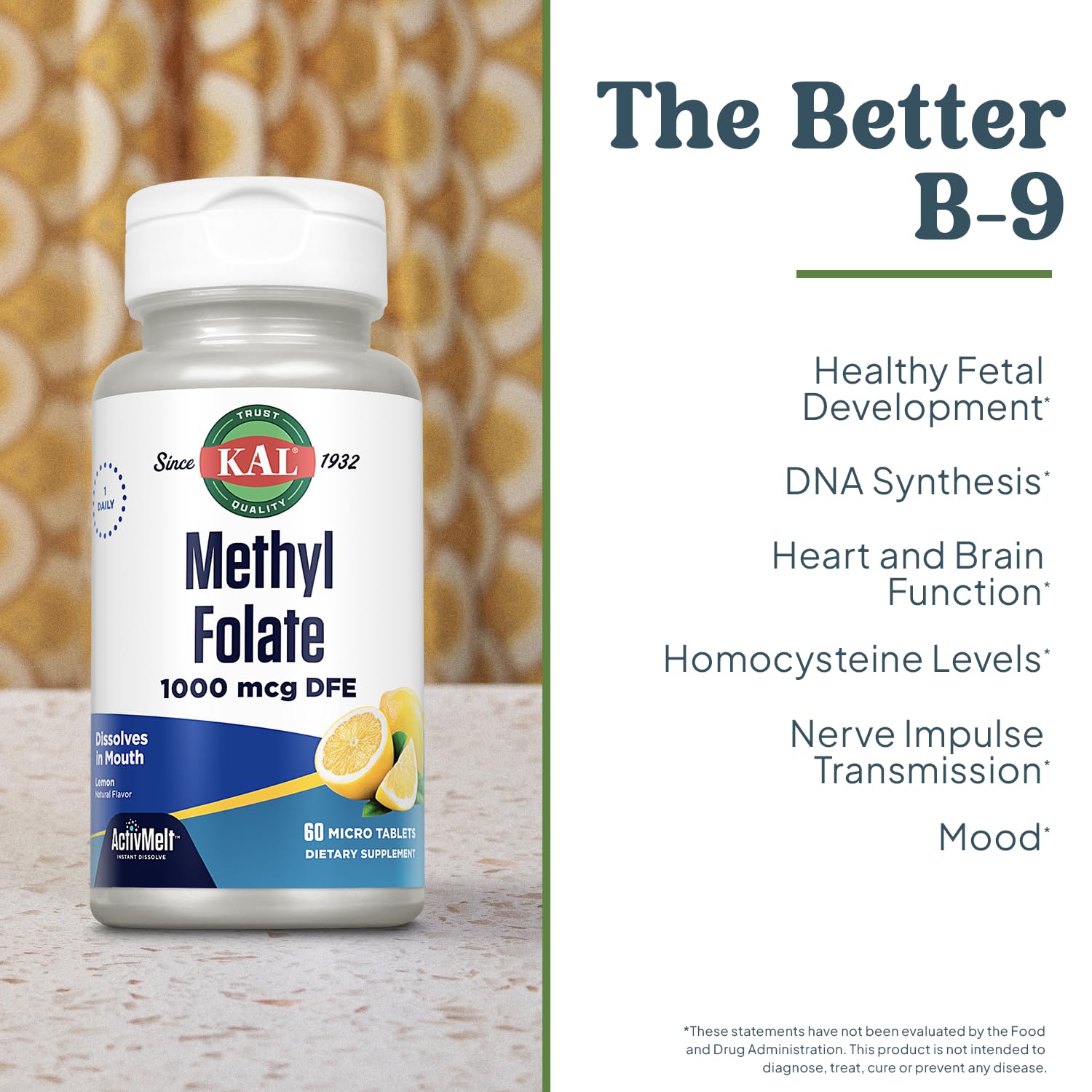 KAL Methyl Folate bottle with eco packaging highlights sustainability.