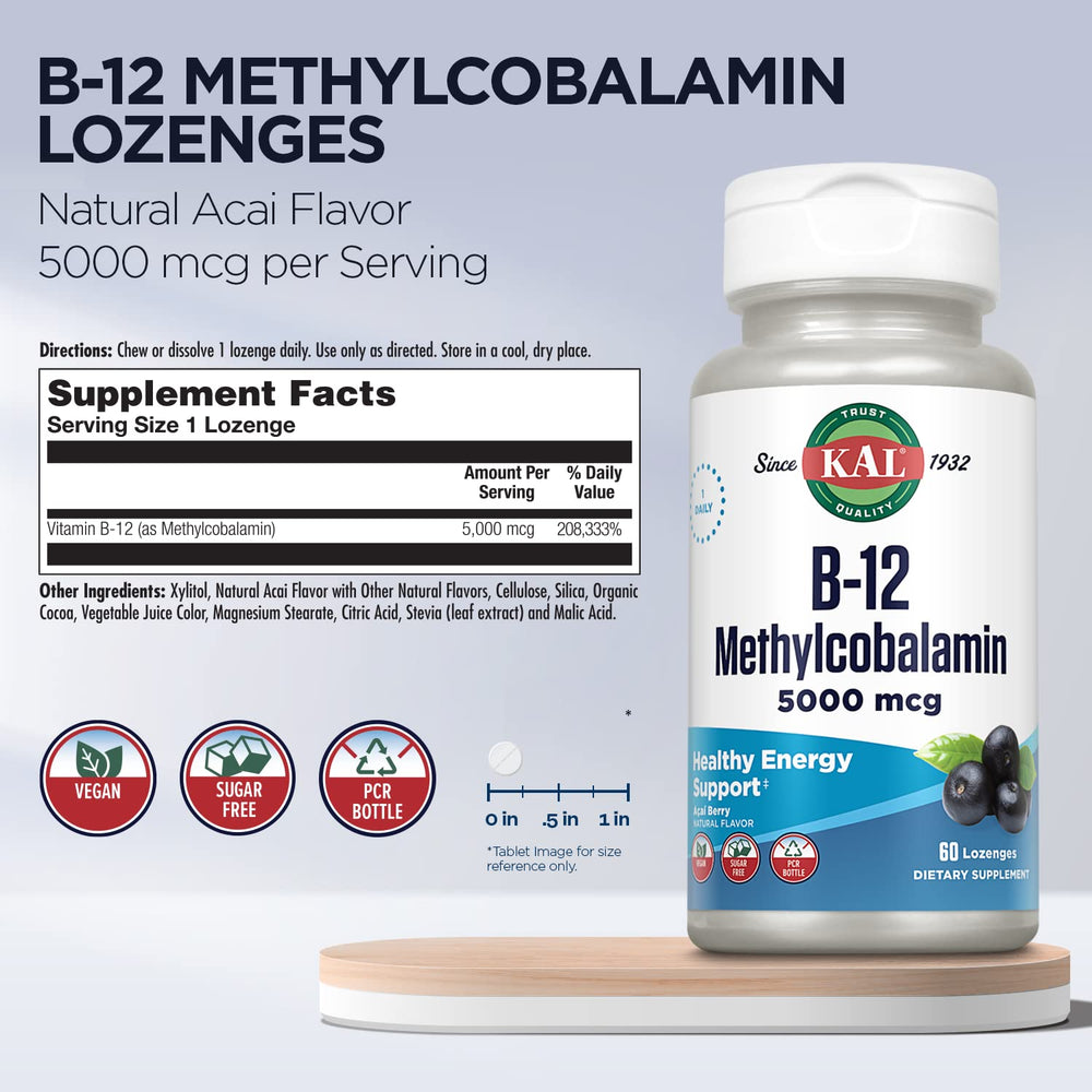 KAL methylcobalamin lozenges close-up highlighting absorption and bioactive form.