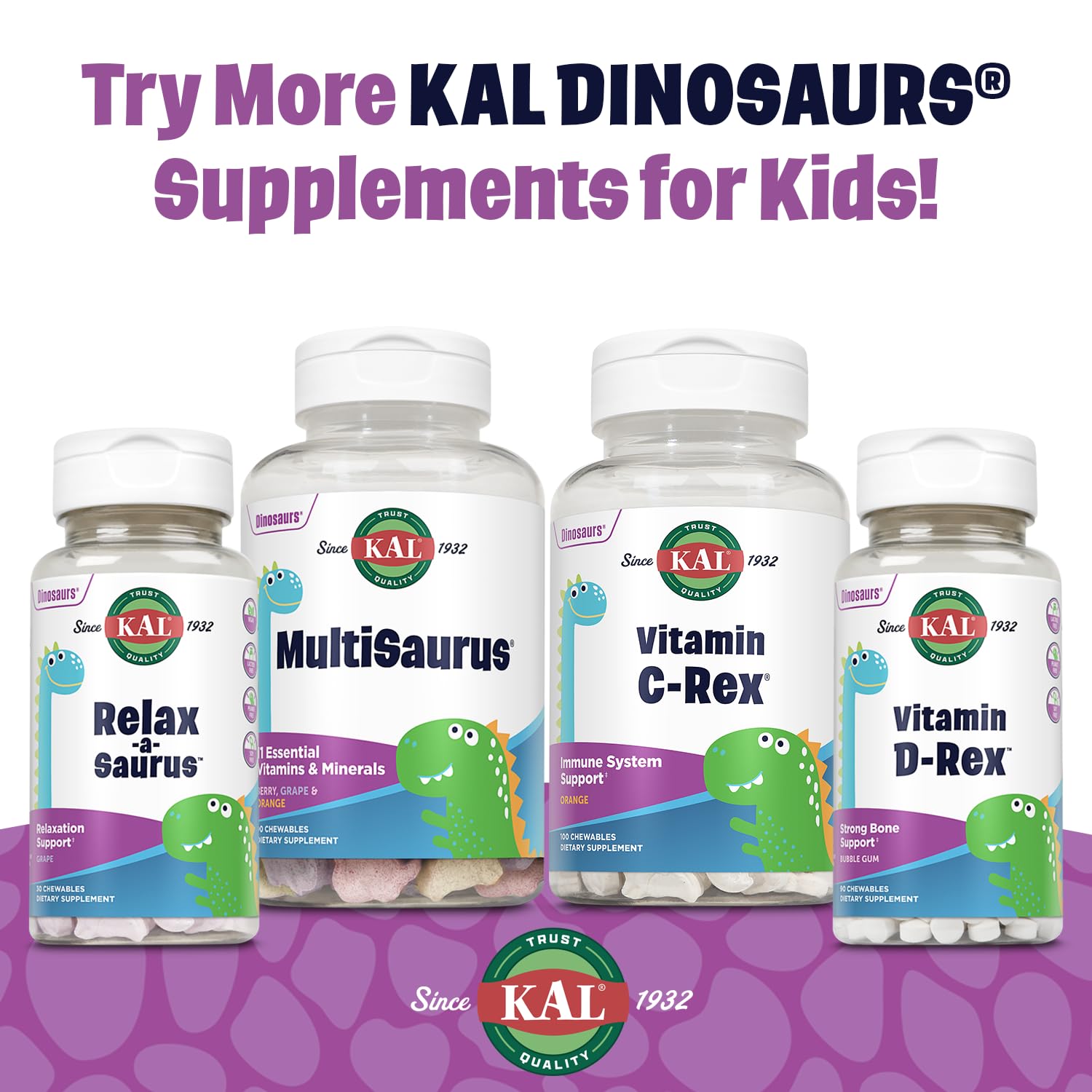 KAL Multisaurus 90-serving dinosaur-chewables for a long-lasting kid's vitamin supply