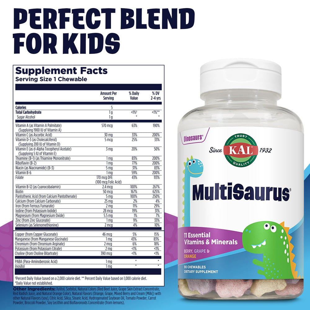 KAL Multisaurus Grape dinosaur-chewables for kids with grape flavor and daily vitamins