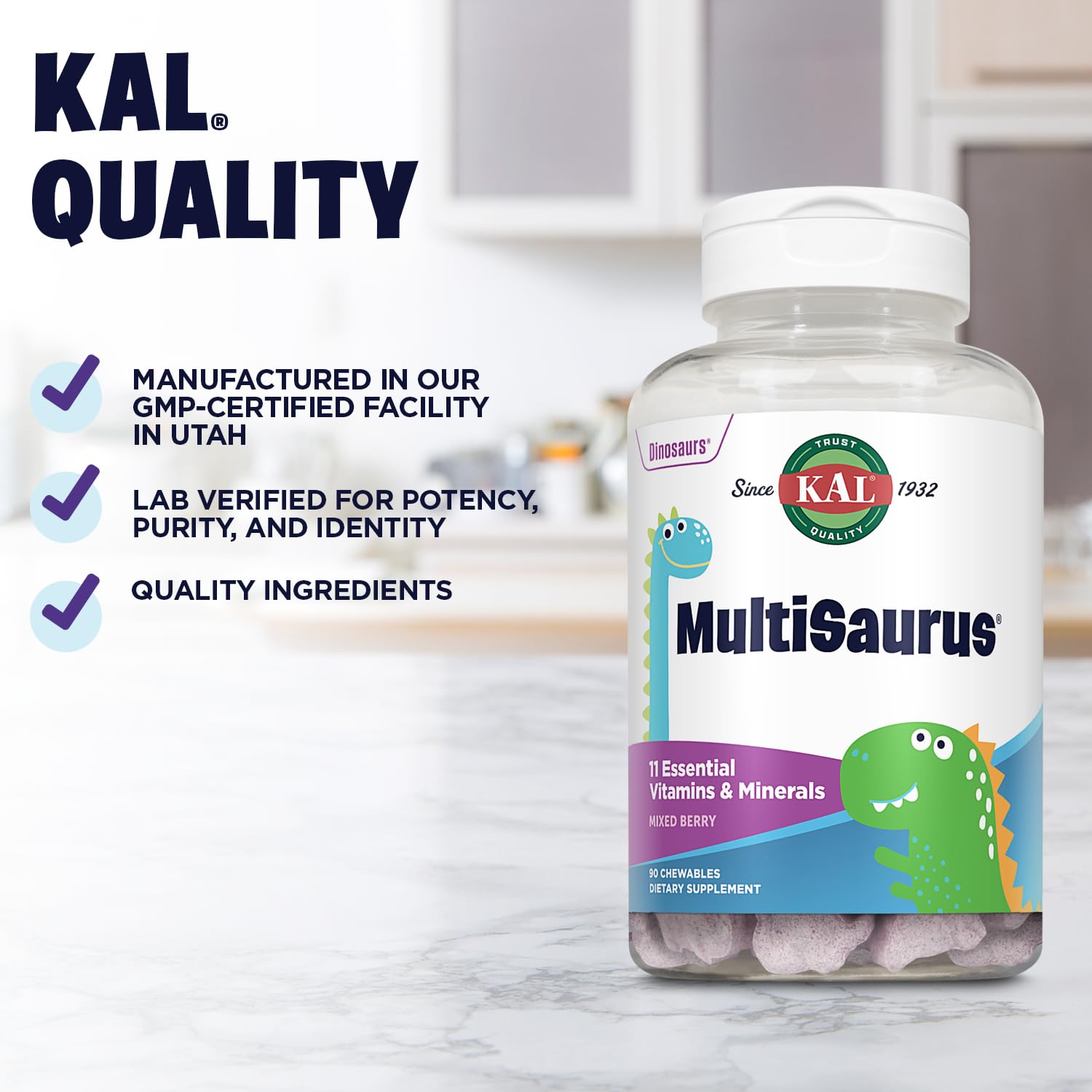 KAL MultiSaurus ingredients featuring tomatoes, carrots, and broccoli in chewables