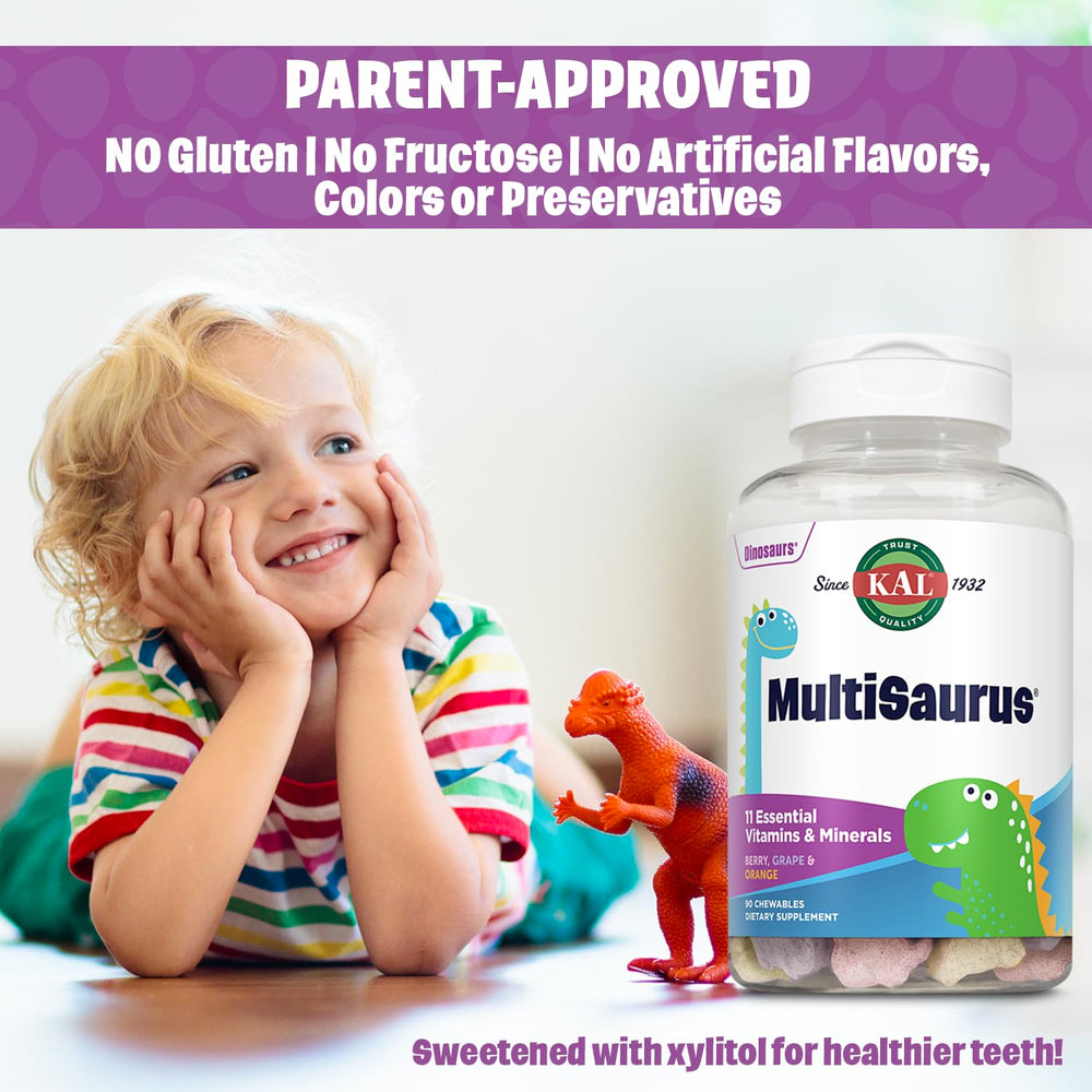 KAL Multisaurus whole-food ingredients including tomatoes, carrots, broccoli in chewables