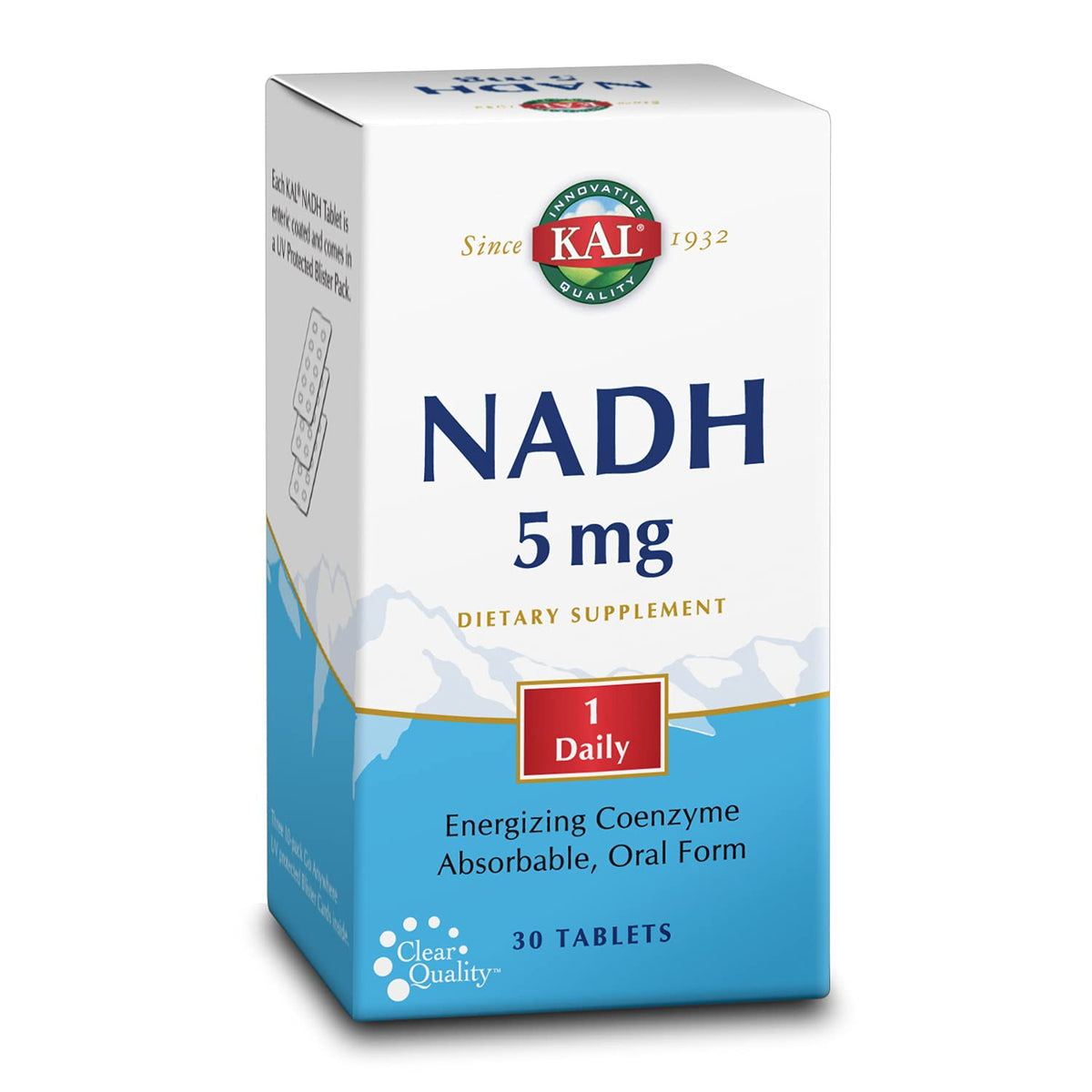 KAL NADH 5 mg tablets bottle closeup showing convenient daily energy support