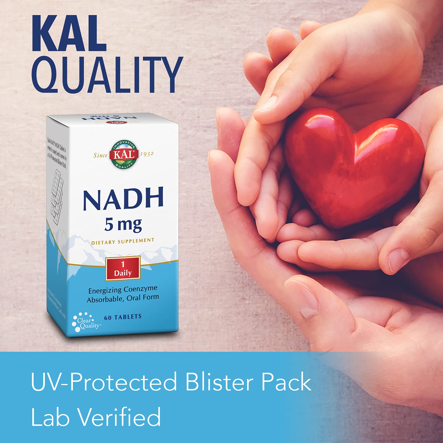 60-count bottle label from KAL NADH emphasizing purity and potency.
