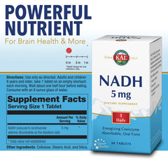 KAL NADH tablets closeup highlighting easy absorption and daily dosing