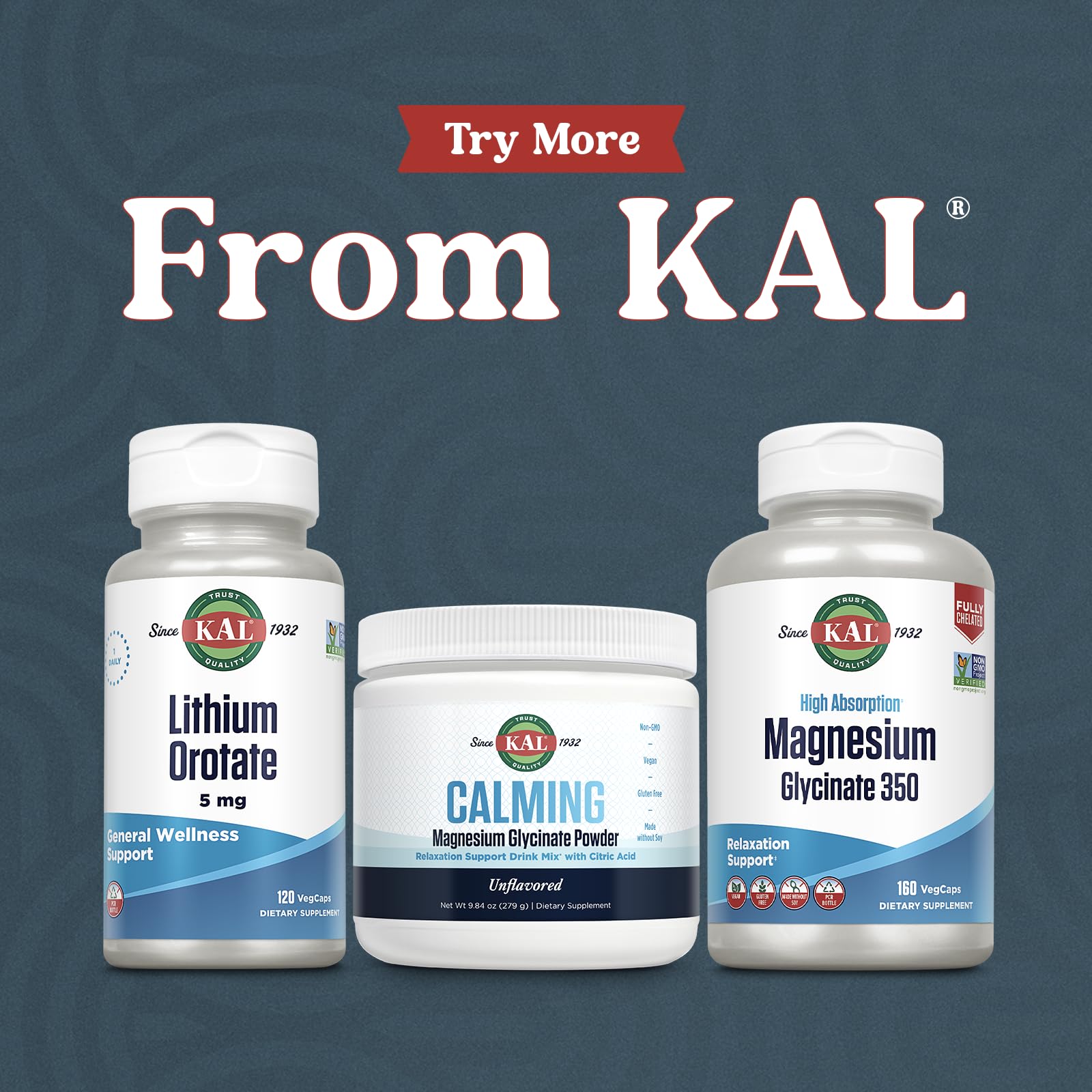 Two-pack packaging of KAL lithium orotate on a shelf for ongoing use.