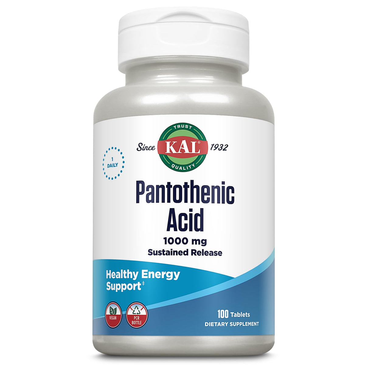 KAL Pantothenic Acid 1000mg bottle front view; supports energy release.