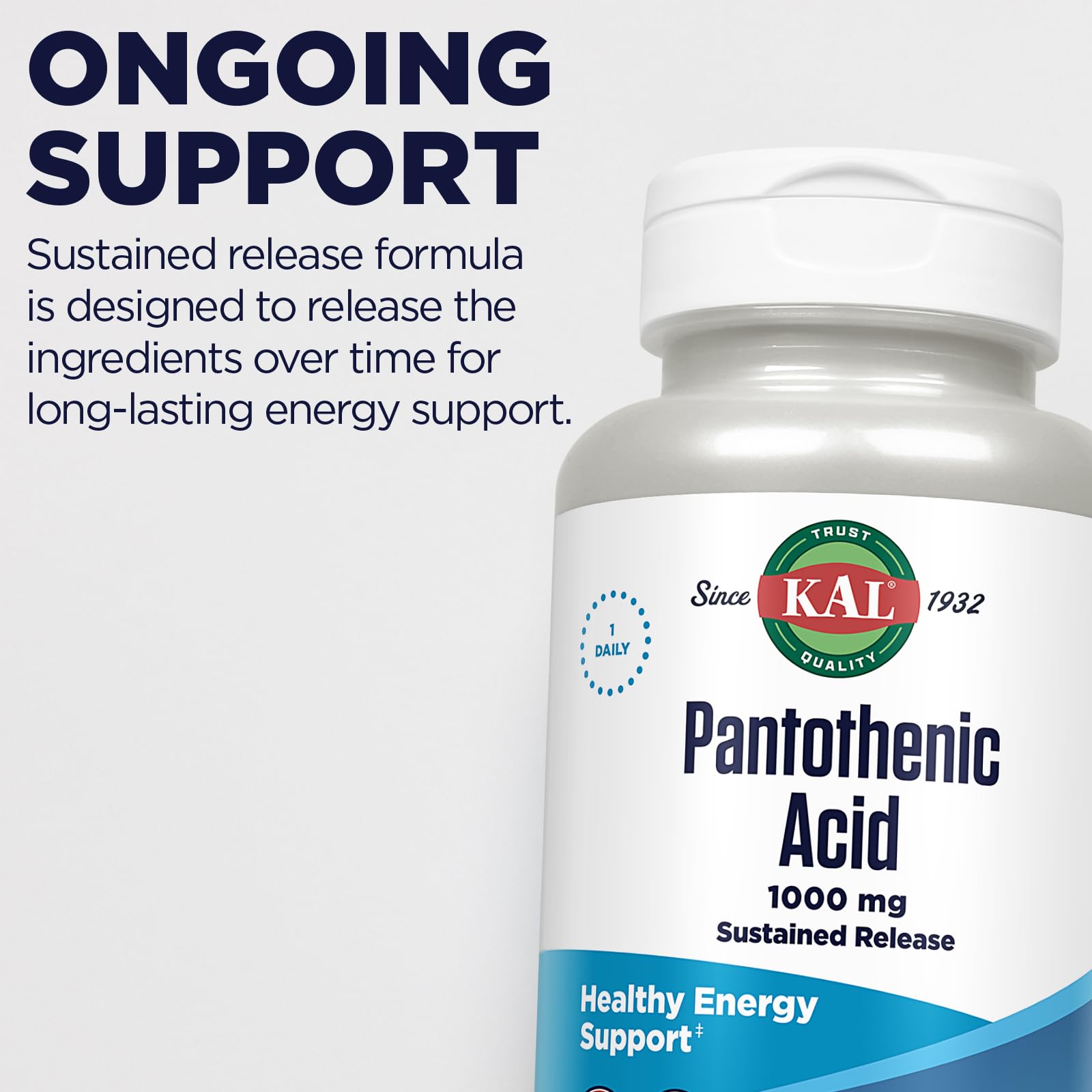 KAL Pantothenic Acid 1000mg daily-use scene with pills on a tray.