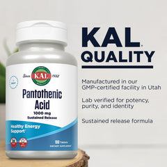 KAL Pantothenic Acid 1000mg label detail; vegan-friendly potency highlighted.