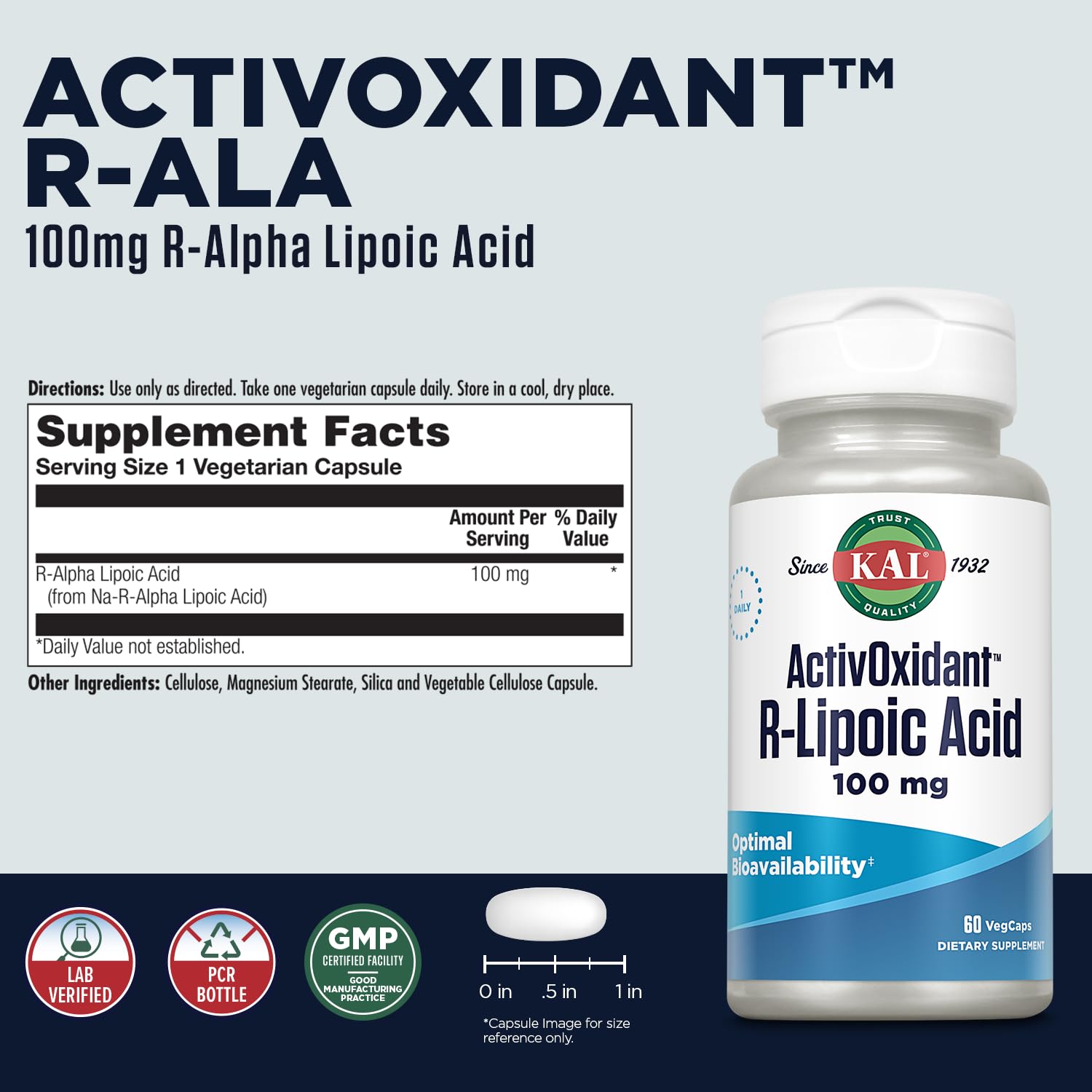 KAL R-Lipoic Acid capsules close-up showing vegetarian formula for easy intake