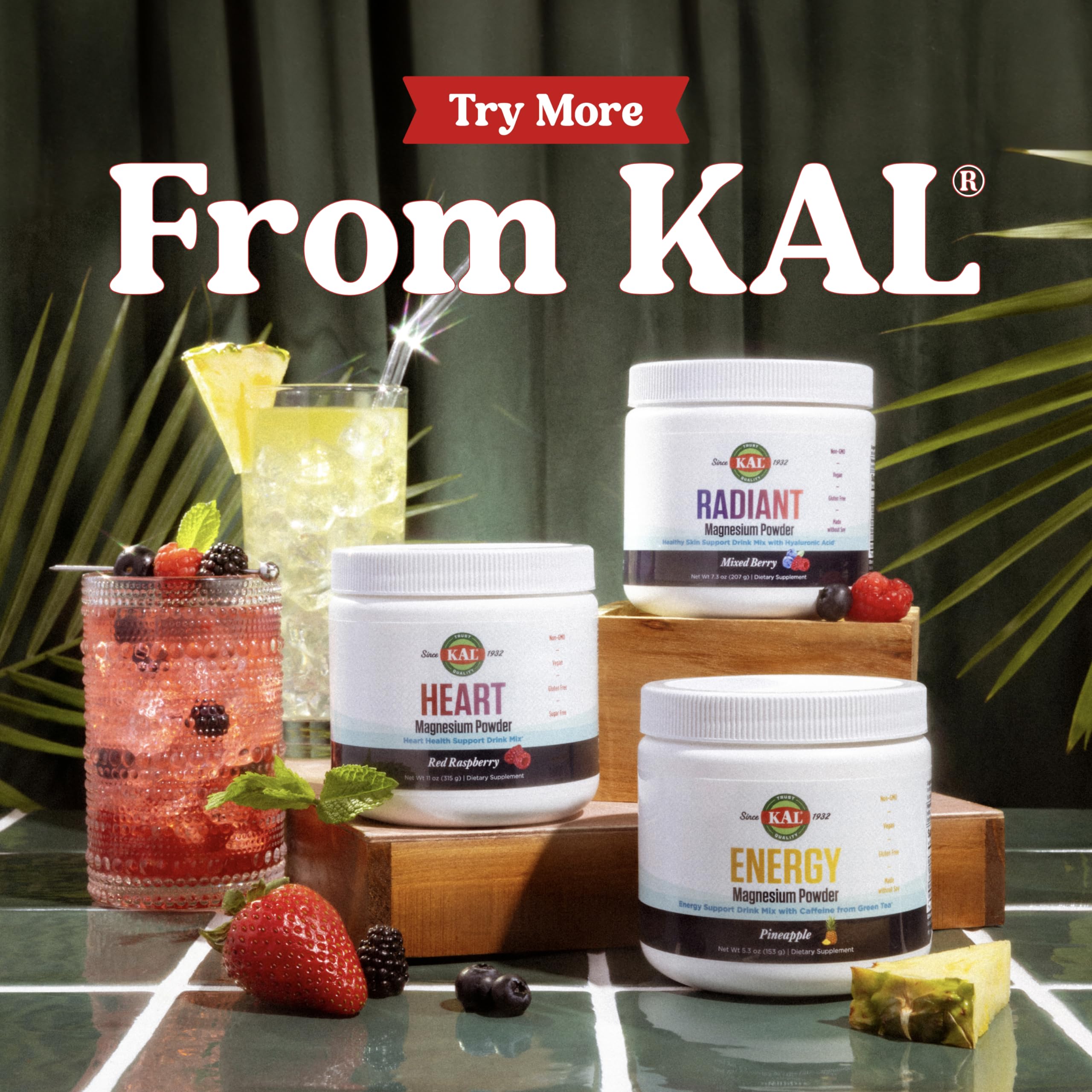 Kal Radiant Magnesium Powder ingredients panel emphasizes vegan and gluten-free formula