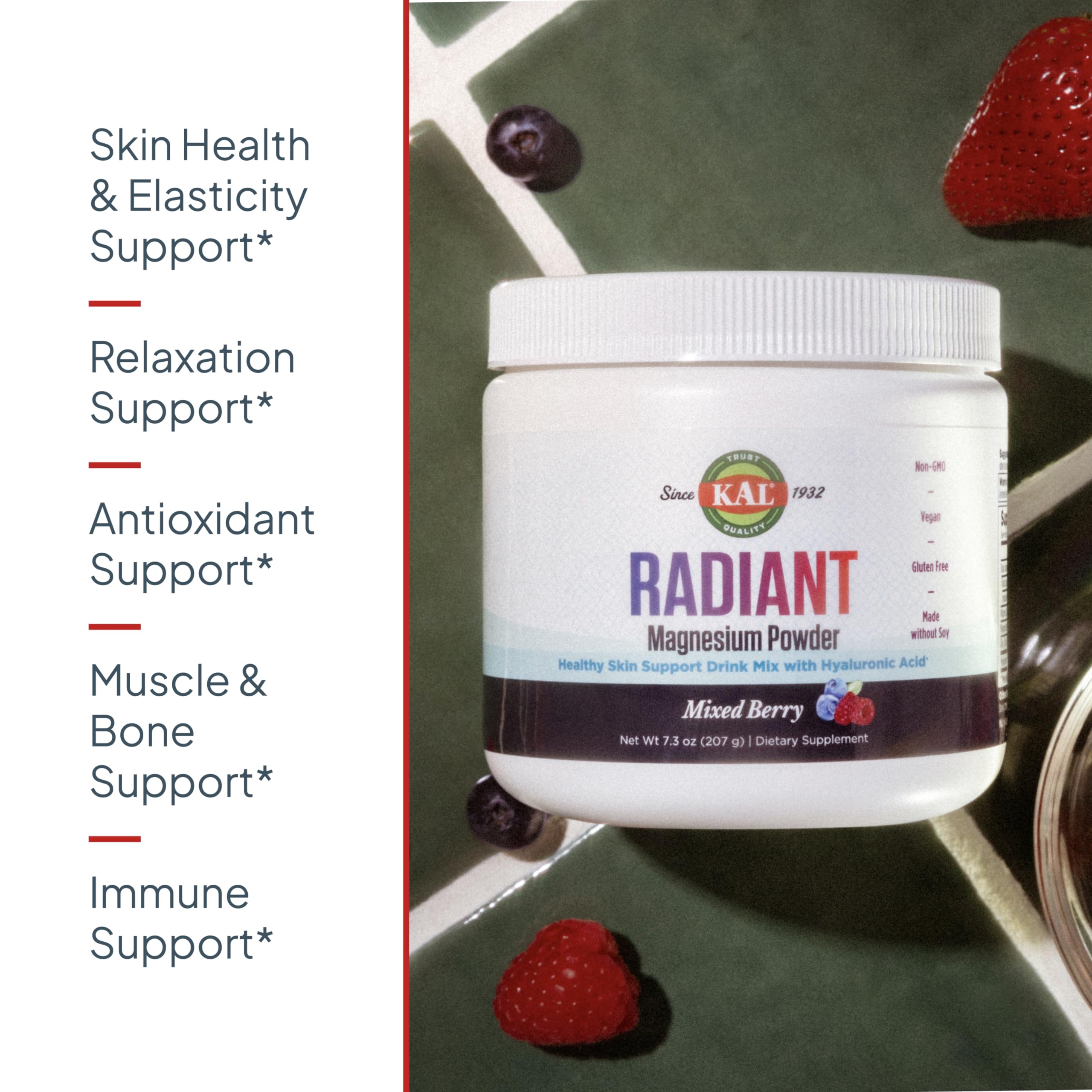 Kal Radiant Magnesium Powder scoop beside powder, convenient daily supplement