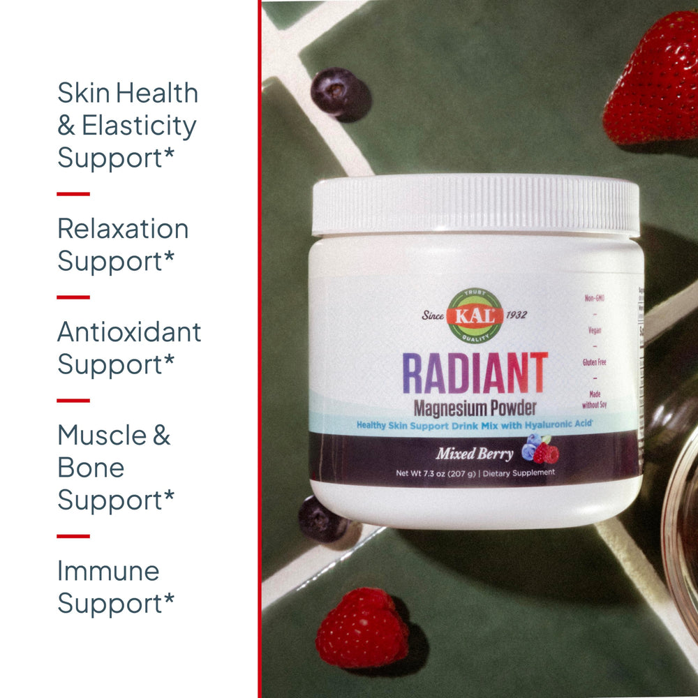 Kal Radiant Magnesium Powder scoop beside powder, convenient daily supplement